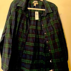 LLBean Brand New w tags dark green and navy plaid button down shirt